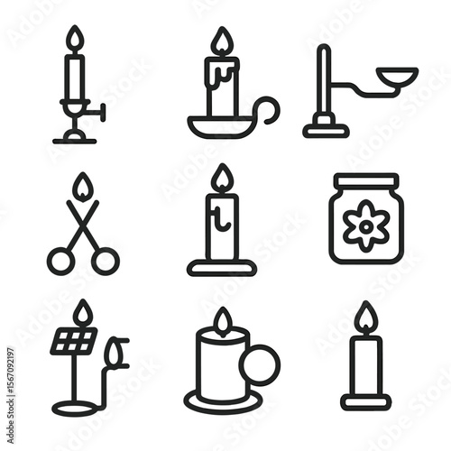 Modern Candle Holders. Solid, filled icon set of candle holder features: adjustable height holder, removable tray holder, swivel