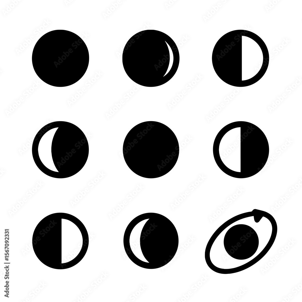 Moon Phase Icons. Solid, filled icon set of moon phases: new moon, waxing crescent, first quarter, waxing gibbous, full moon,