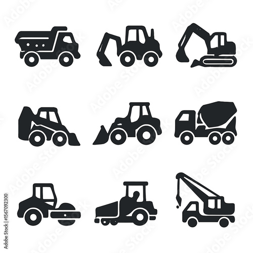Heavy Equipment Icons. Solid, filled icons set of heavy equipment for road work: dump truck, backhoe,