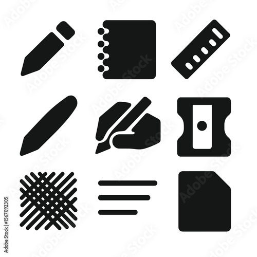 Sketching Essentials Icons. Solid, filled icon set of sketching essentials: pencil, sketchbook, ruler, shading tool, pencil