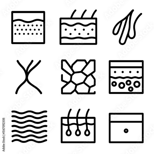 Skin Anatomy Icons. Solid, filled icon set of skin anatomy related to bruising: epidermis, dermis, blood vessels, capillaries,