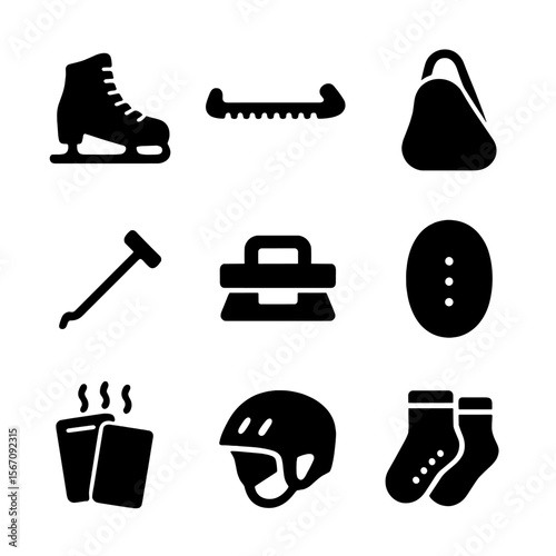 Skating Equipment Icons. Solid, filled icon set of skating equipment: ice skates, blade guard, skate bag, lacing tool, skate