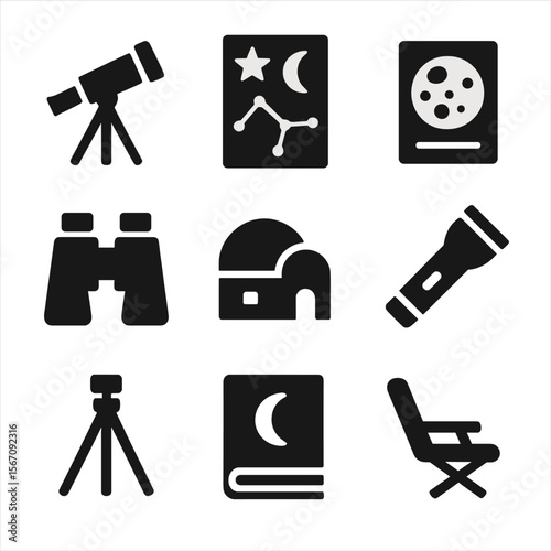 Moon Observation Icons. Solid, filled icon set of moon observation tools: telescope, star chart, moon map, binoculars, observatory