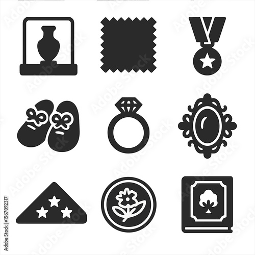 Heirloom Icon Collection. Solid, filled icons set of displaying heirlooms and keepsakes: glass case, fabric