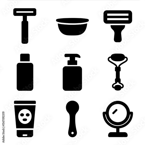 Skincare Tool Icons. Solid, filled icon set of shaving and skincare tools: face razor, shaving bowl, blade cartridge, toner bottle