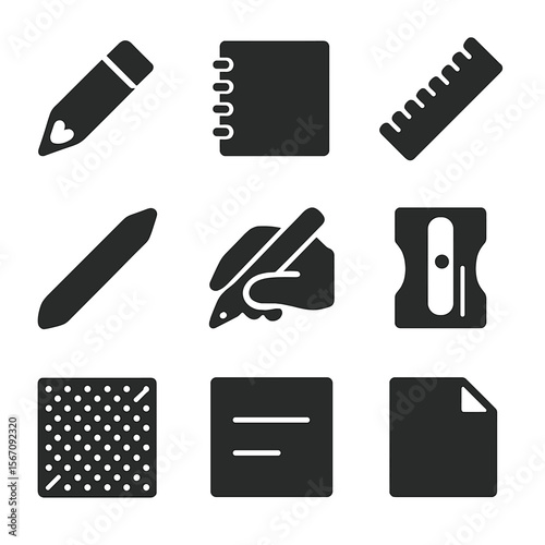 Sketching Essentials Icons. Solid, filled icon set of sketching essentials: pencil, sketchbook, ruler, shading tool, pencil