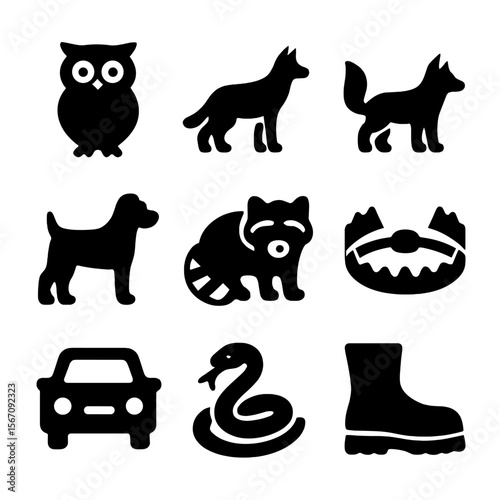 Skunk Predators Icons. Solid, filled icon set of skunk predators and threats: owl, coyote, fox, dog, raccoon, trap, car, snake,