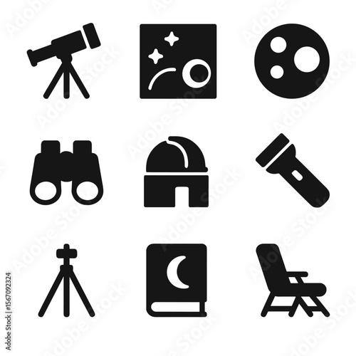 Moon Observation Icons. Solid, filled icon set of moon observation tools: telescope, star chart, moon map, binoculars, observatory