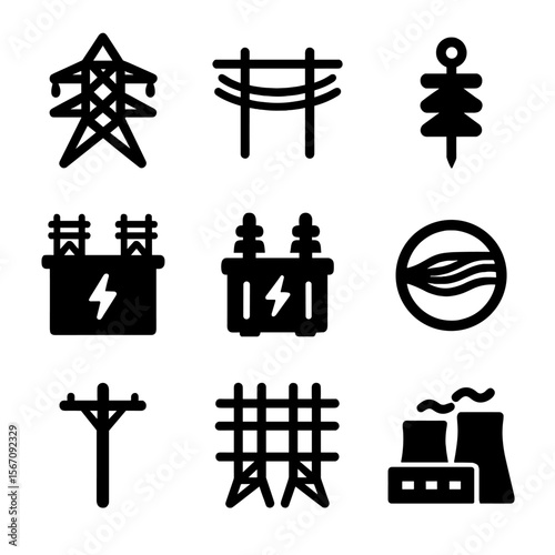 Power Infrastructure Icons. Solid, filled icon set of power transmission: high voltage tower, power lines, insulator, substation,