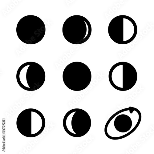 Moon Phase Icons. Solid, filled icon set of moon phases: new moon, waxing crescent, first quarter, waxing gibbous, full moon,
