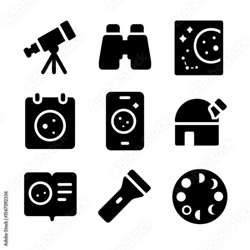 Moon Observation Icons. Solid, filled icon set of moon observation tools: telescope, binoculars, sky chart, lunar calendar,