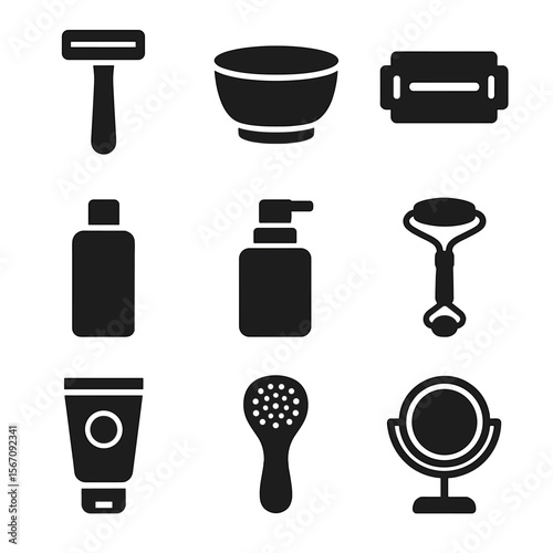 Skincare Tool Icons. Solid, filled icon set of shaving and skincare tools: face razor, shaving bowl, blade cartridge, toner bottle