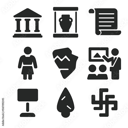 Heritage Museum Icons. Solid, filled icons set of heritage museums: museum building, artifact case, scroll,