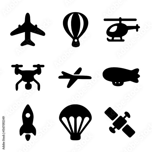 Sky Transport Icons. Solid, filled icon set of sky transport: airplane, hot air balloon, helicopter, drone, glider, blimp, rocket,