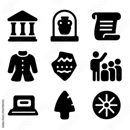 Heritage Museum Icons. Solid, filled icons set of heritage museums: museum building, artifact case, scroll,