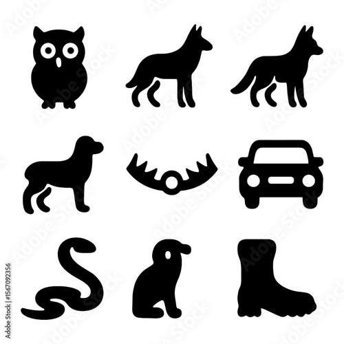 Skunk Predators Icons. Solid, filled icon set of skunk predators and threats: owl, coyote, fox, dog, raccoon, trap, car, snake,