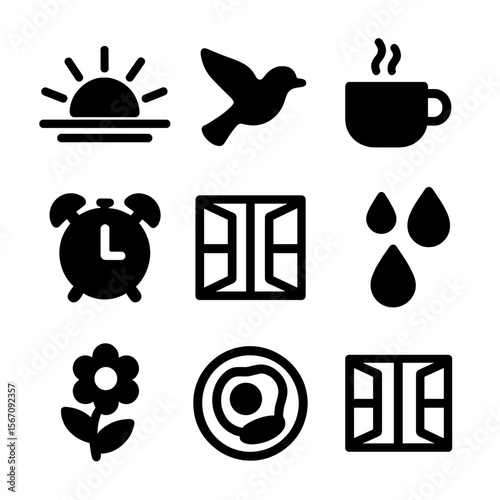 Morning Icon Set. Solid, filled icon set of morning sunshine: rising sun, sun rays, bird flying, coffee cup, alarm clock, open