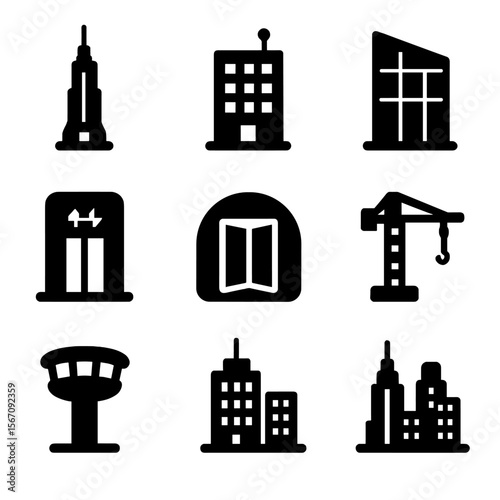 Skyscraper Icons Grid. Solid, filled icon set of skyscraper architecture: tall tower, office windows, rooftop antenna, glass