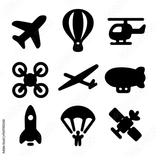 Sky Transport Icons. Solid, filled icon set of sky transport: airplane, hot air balloon, helicopter, drone, glider, blimp, rocket,