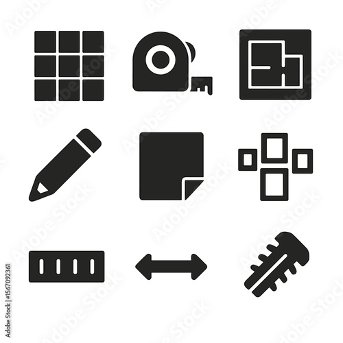 Heritage Wall Icons. Solid, filled icons set of heritage wall planning and layout: wall grid, measuring tape,