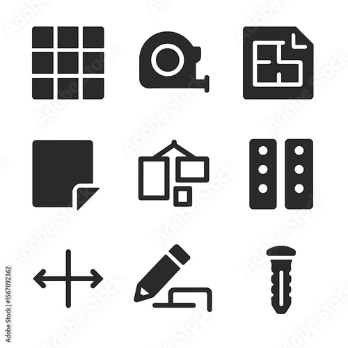 Heritage Wall Icons. Solid, filled icons set of heritage wall planning and layout: wall grid, measuring tape,