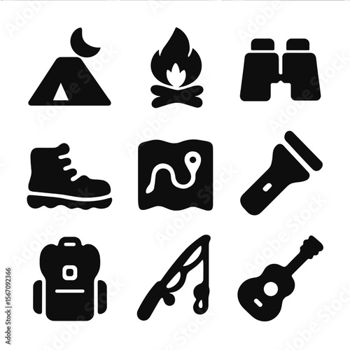 Moonlit Outdoor Icons. Solid, filled icon set of moonlit outdoor activities: camping tent, campfire, hiking boots, binoculars, map