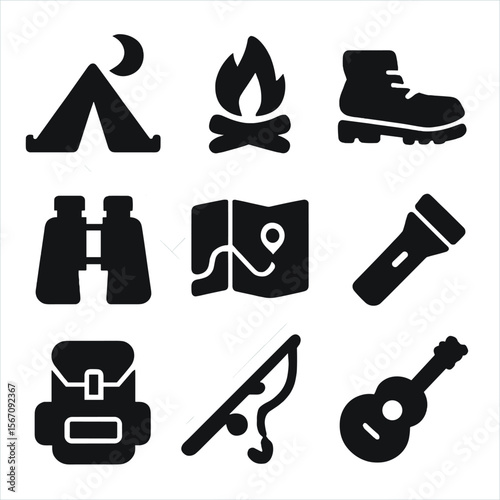 Moonlit Outdoor Icons. Solid, filled icon set of moonlit outdoor activities: camping tent, campfire, hiking boots, binoculars, map