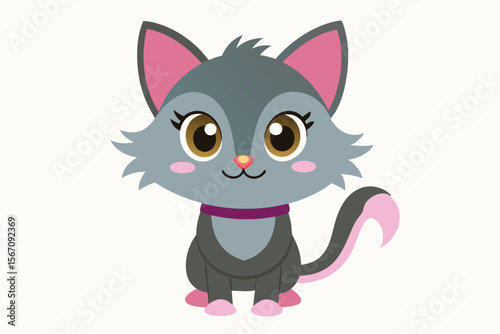 Cute Cartoon Cat with Big Eyes and Pink Accents Sitting Calmly