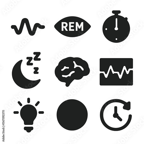 Sleep Cycle Icons. Solid, filled icon set of sleep stages and cycles: sleep wave, REM icon, 20 min timer, moon with ZZZ, brain