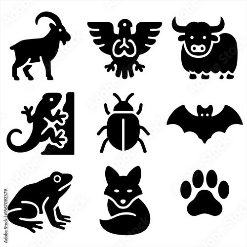 High-Altitude Animal Icons. Solid, filled icons set of high-altitude animal adaptations: peak-dwelling goat,
