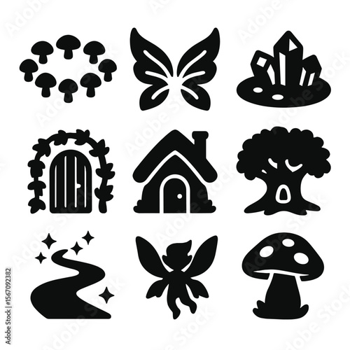 Hidden Faerie Icons. Solid, filled icons set of hidden fae realms: fairy ring, glowing wings, crystal pond,