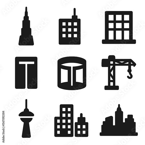 Skyscraper Icons Grid. Solid, filled icon set of skyscraper architecture: tall tower, office windows, rooftop antenna, glass