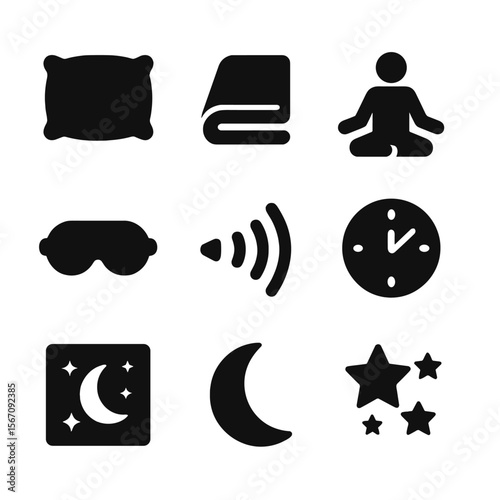 Sleep Improvement Icons. Solid, filled icon set of improving sleep quality: pillow, blanket, meditation, sleep mask, sound waves,