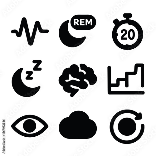 Sleep Cycle Icons. Solid, filled icon set of sleep stages and cycles: sleep wave, REM icon, 20 min timer, moon with ZZZ, brain