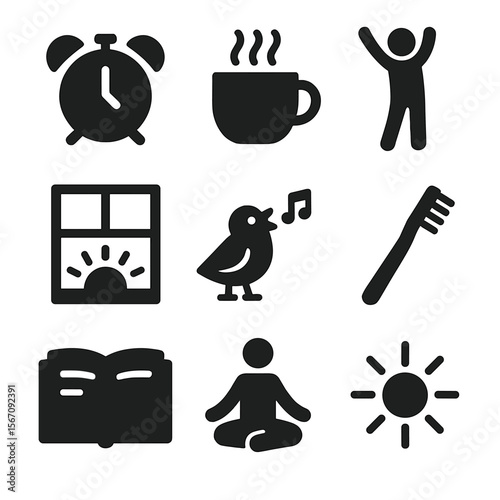 Morning Essentials Icons. Solid, filled icon set of morning beginnings: alarm clock, coffee cup, stretching figure, sunrise