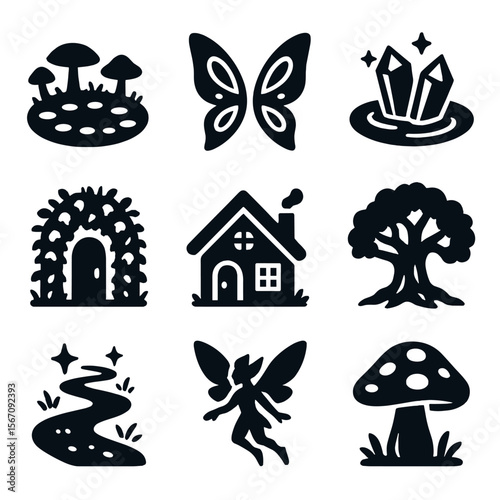 Hidden Faerie Icons. Solid, filled icons set of hidden fae realms: fairy ring, glowing wings, crystal pond,