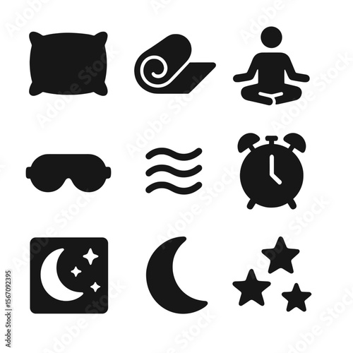 Sleep Improvement Icons. Solid, filled icon set of improving sleep quality: pillow, blanket, meditation, sleep mask, sound waves,