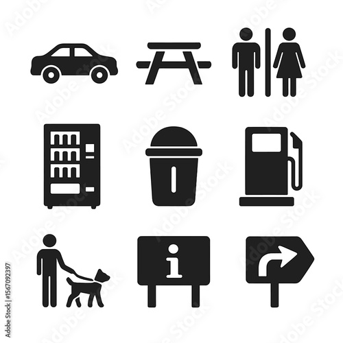 Highway Rest Stop Icons. Solid, filled icons set of highway rest stop scene: parked car, picnic table,