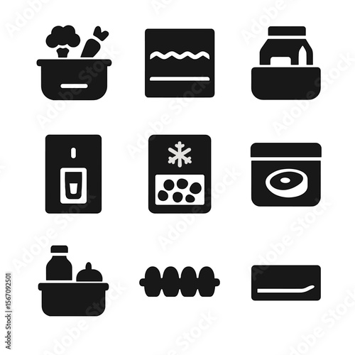 Smart Fridge Icons. Solid, filled icon set of smart fridge internal zones: crisper drawer, freezer shelf, dairy bin, water