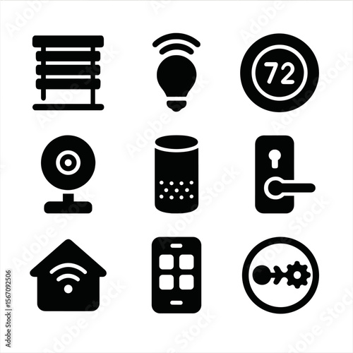 Smart Home Icon Grid. Solid, filled icon set of smart home ecosystems: blinds icon, smart light, thermostat, camera, smart speaker