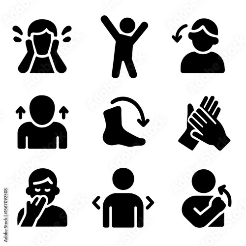 Morning Routine Icons. Solid, filled icon set of waking body care: face splash, light stretch, neck roll, shoulder shrug, foot