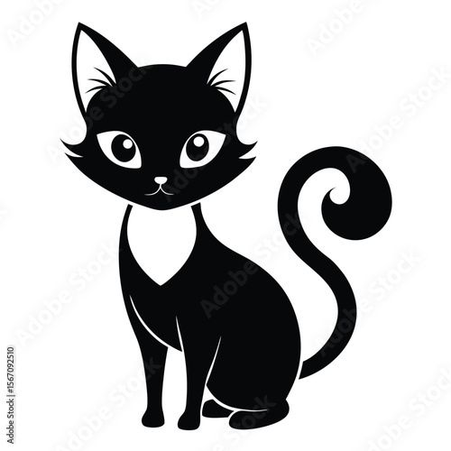 Stylized Black Cat with Curled Tail Elegant Feline Pet Silhouette Vector Illustration
