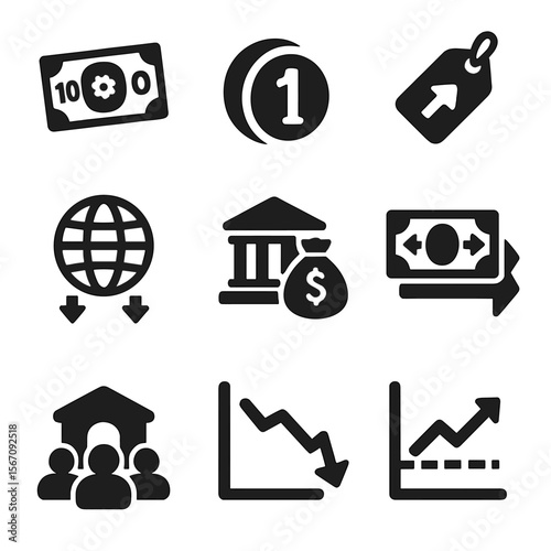 Historical Inflation Icons. Solid, filled icons set of historical inflation events: hyperinflation note,