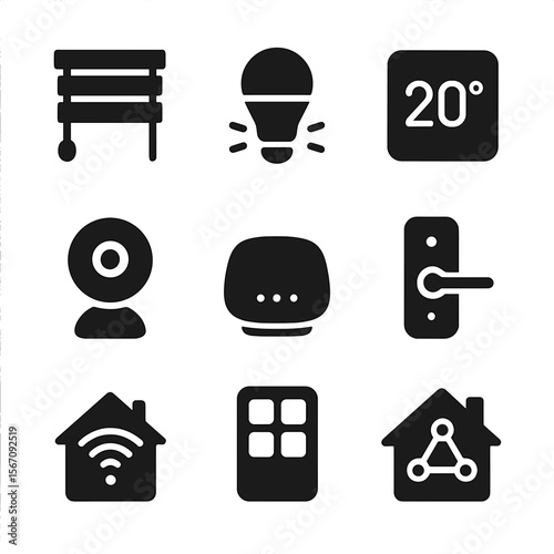 Smart Home Icon Grid. Solid, filled icon set of smart home ecosystems: blinds icon, smart light, thermostat, camera, smart speaker