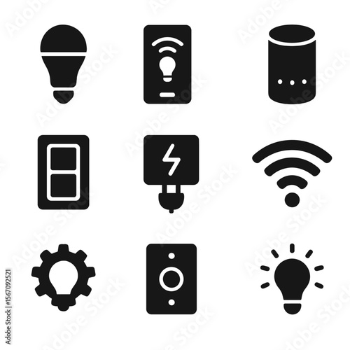 Smart Lighting Icons. Solid, filled icon set of smart lighting system: smart bulb, smartphone, app controller, voice assistant,