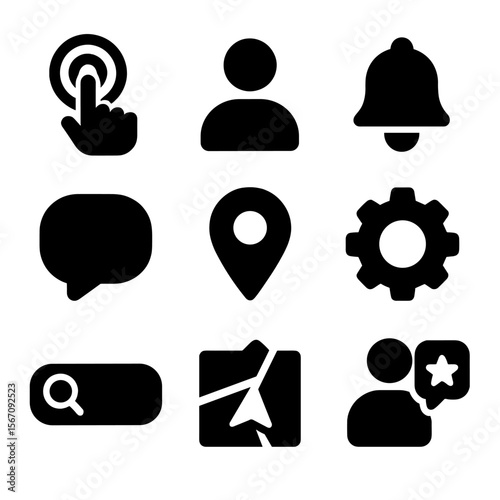 Smart City Icons. Solid, filled icon set of user experience in smart city apps: touch gesture, profile icon, notifications, chat