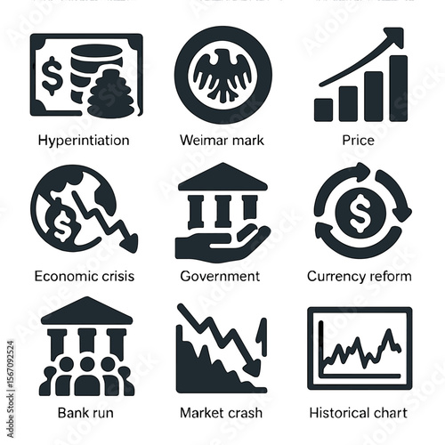 Historical Inflation Icons. Solid, filled icons set of historical inflation events: hyperinflation note,