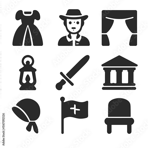 Historical Reenactment Icons. Solid, filled icons set of historical reenactments: period costume, actor icon,