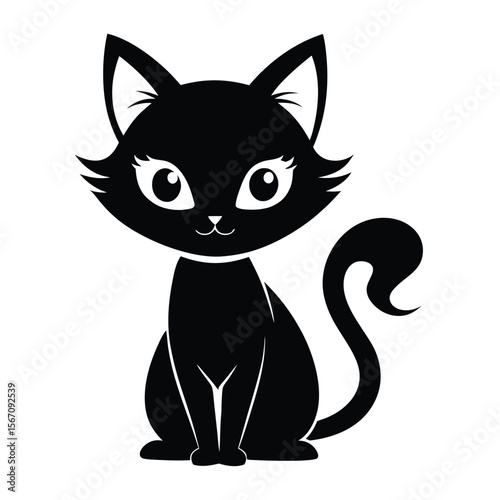 Cute Black Cat with Wide Eyes Sitting Upright with a Curled Tail in Silhouette Form