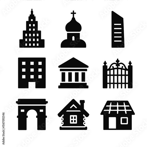 Moscow Architecture Icons. Solid, filled icon set of Moscow architecture: Stalinist skyscraper, Orthodox dome, glass tower, Soviet